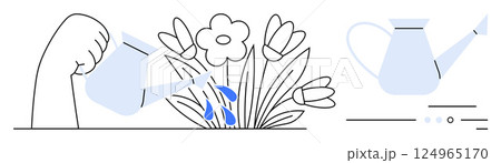 Person watering flowers using a watering can, with blue water drops on blossoms. Watering can close-up shows detailed spout and handle. Ideal for gardening, growth, nature, nurturing, environment 124965170