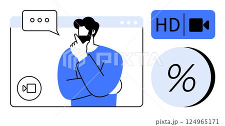 Man thinking during a video call. Video chat window with HD icon and percentage symbol. Ideal for remote work, communication, brainstorming sessions, technology, webinars, online learning, virtual Man thinking during a video call. Video chat window with HD icon and percentage symbol. Ideal for remote work, communication, brainstorming sessions, technology, webinars, online learning, virtual 124965171
