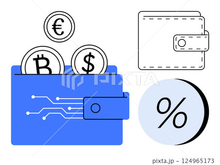 Cryptocurrency coins Bitcoin, Dollar, Euro entering a digital wallet, alongside a traditional bifold wallet and a percentage symbol. Ideal for financial technology, cryptocurrencies, investment Cryptocurrency coins Bitcoin, Dollar, Euro entering a digital wallet, alongside a traditional bifold wallet and a percentage symbol. Ideal for financial technology, cryptocurrencies, investment 124965173
