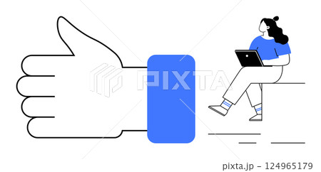 Woman sitting with laptop near large thumbs-up symbol. Ideal for illustrating approval, social media engagement, positive feedback, online interactions, digital trends, user satisfaction, modern Woman sitting with laptop near large thumbs-up symbol. Ideal for illustrating approval, social media engagement, positive feedback, online interactions, digital trends, user satisfaction, modern 124965179