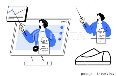 Presenter in blue jacket explains charts and holds documents during virtual meeting. Includes computer screen, remote presenter view, and foot pedal. Ideal for webinars, online training, corporate 124965193
