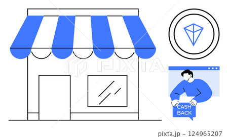 Small retail storefront with blue striped awning, cashback icon, and person engaging in online shopping. Ideal for business, e-commerce, retail, online shopping, customer rewards. Minimalist vector Small retail storefront with blue striped awning, cashback icon, and person engaging in online shopping. Ideal for business, e-commerce, retail, online shopping, customer rewards. Minimalist vector 124965207