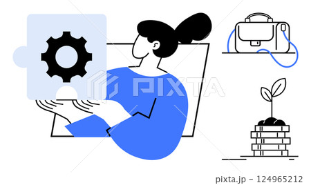 Person holding gear puzzle piece, briefcase beside, and plant growing from coins. Ideal for teamwork, problem-solving, innovation, career growth, sustainability, financial success, personal 124965212