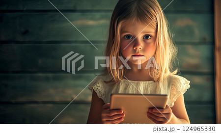 Little girl sitting and holding a tablet 124965330