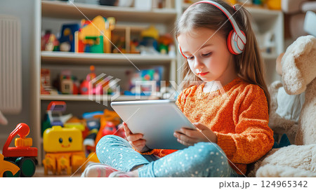Little girl sitting among toys in room and holding a tablet Little girl sitting among toys in room and holding a tablet 124965342