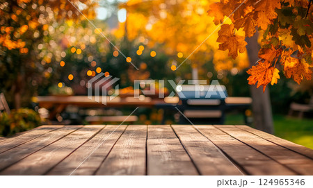 Autumn party in backyard garden with grill and wooden table 124965346