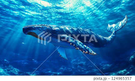Big whale in the blue sea. Big whale in the blue sea. 124965357