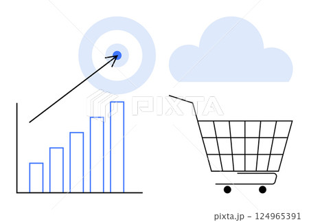 Bar graph with upward trend line, target with arrow, cloud, and shopping cart. Ideal for business growth, sales strategies, e-commerce, cloud computing, and marketing success. Minimalist vector style Bar graph with upward trend line, target with arrow, cloud, and shopping cart. Ideal for business growth, sales strategies, e-commerce, cloud computing, and marketing success. Minimalist vector style 124965391