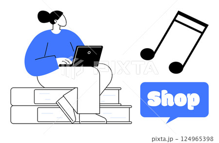A person sitting on stacked books, using a laptop, with a music note and a shop sign nearby. Ideal for online shopping, digital learning, music services, e-commerce, education. Simple, modern style A person sitting on stacked books, using a laptop, with a music note and a shop sign nearby. Ideal for online shopping, digital learning, music services, e-commerce, education. Simple, modern style 124965398