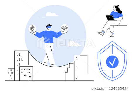 Businessman balancing idea and handshake on tightrope above cityscape, remote worker using laptop, shield with checkmark. Ideal for teamwork, remote work, business strategy, success, partnerships Businessman balancing idea and handshake on tightrope above cityscape, remote worker using laptop, shield with checkmark. Ideal for teamwork, remote work, business strategy, success, partnerships 124965424