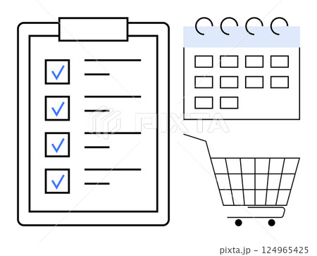 Clipart of a checklist with checkmarks, a calendar, and a shopping cart. Ideal for planning, scheduling, task management, productivity, and shopping organization. Simple and clean style for ease of 124965425