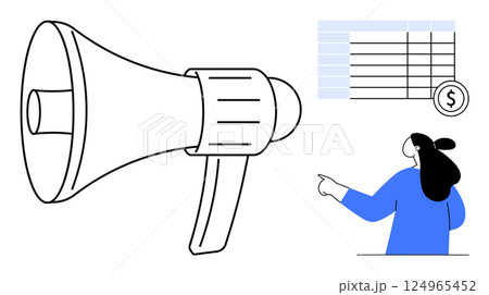 Loudspeaker and woman pointing towards financial chart with a currency symbol. Ideal for advertising, marketing, finance, business development, presentation. Minimalist style 124965452