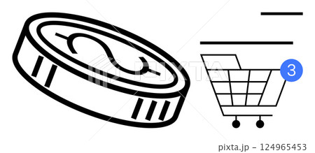 Currency coin and shopping cart with notification badge. Ideal for e-commerce, online shopping, digital transactions, retail, financial services, customer engagement, user interface. Line metaphor 124965453