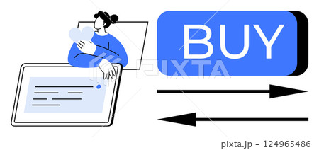 Customer hugging heart next to tablet screen, large blue Buy button, two arrows in opposite directions. Ideal for e-commerce, online shopping, digital marketing, customer satisfaction, user 124965486
