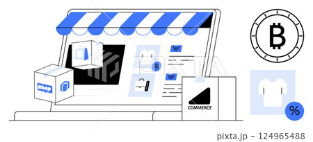 Laptop screen displaying an online store, clothes, shopping bags, discount tags, cryptocurrency symbol. Ideal for e-commerce, online shopping, digital marketing, cryptocurrency usage, retail 124965488
