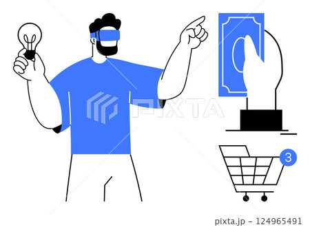 Man wearing VR headset holds a lightbulb and points at icons for payment and shopping cart with three items. Ideal for e-commerce, future shopping, VR technology, digital transactions, online Man wearing VR headset holds a lightbulb and points at icons for payment and shopping cart with three items. Ideal for e-commerce, future shopping, VR technology, digital transactions, online 124965491