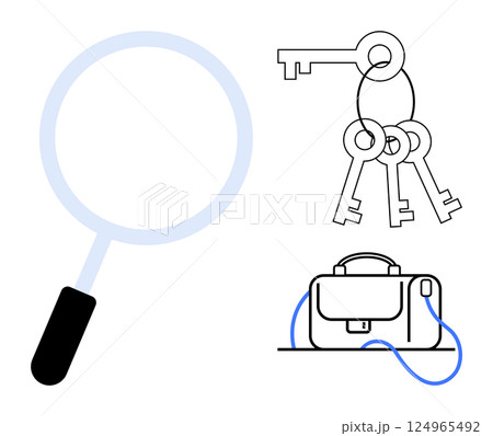 Magnifying glass, keyring with keys, and briefcase. Ideal for security, search, investigation, business tools, office work, detective themes, and data protection. Line metaphor 124965492