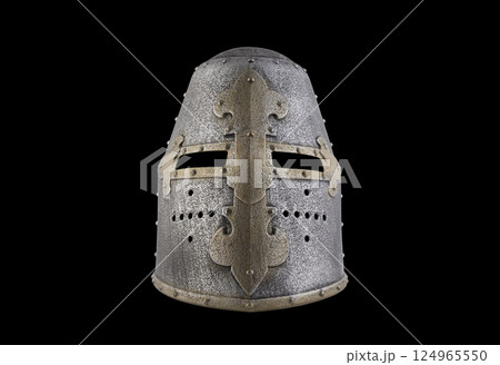 Medieval knight helmet isolated on black background with clipping path Medieval knight helmet isolated on black background with clipping path 124965550