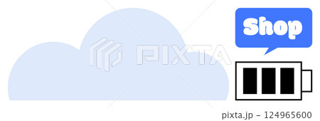 A blue cloud with a speech bubble labeled shop, next to a battery strength icon. Ideal for tech, cloud storage, online shopping, digital services, and e-commerce themes. Simple modern style A blue cloud with a speech bubble labeled shop, next to a battery strength icon. Ideal for tech, cloud storage, online shopping, digital services, and e-commerce themes. Simple modern style 124965600