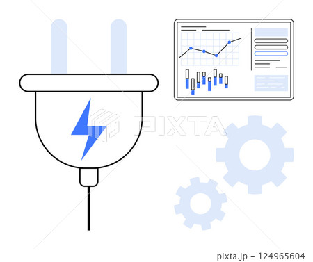 Large electric plug with blue power symbol, line graph, bar chart, and data on screen. Gears in the background. Ideal for technology, energy, analytics, data, efficiency, innovation, and automation Large electric plug with blue power symbol, line graph, bar chart, and data on screen. Gears in the background. Ideal for technology, energy, analytics, data, efficiency, innovation, and automation 124965604