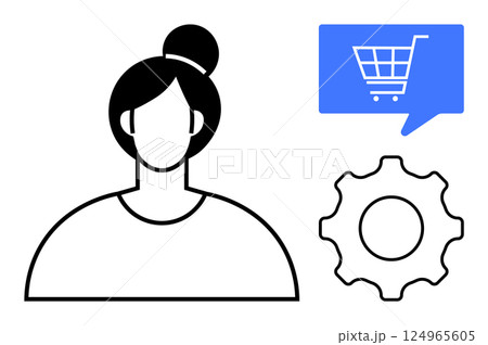 Female silhouette, blue speech bubble with shopping cart, gear cogwheel icon. Ideal for online shopping, e-commerce management, user settings, customer support, technology, digital marketing Female silhouette, blue speech bubble with shopping cart, gear cogwheel icon. Ideal for online shopping, e-commerce management, user settings, customer support, technology, digital marketing 124965605
