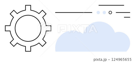 Large gear icon next to a light blue cloud with minimalistic lines and dots. Ideal for technology, network, cloud computing, data management, engineering, automation, and digital concepts. Line 124965655