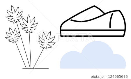 Stylized plants, minimalist sneaker, and light blue cloud create a clean, modern outdoor-themed composition. Ideal for lifestyle, gardening, weather, fitness, fashion, nature, design. Line metaphor Stylized plants, minimalist sneaker, and light blue cloud create a clean, modern outdoor-themed composition. Ideal for lifestyle, gardening, weather, fitness, fashion, nature, design. Line metaphor 124965656