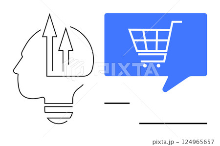 Abstract human head outline with upward arrows indicating growth, accompanied by blue shopping cart in speech bubble. Ideal for business, technology, online shopping, growth strategy, digital Abstract human head outline with upward arrows indicating growth, accompanied by blue shopping cart in speech bubble. Ideal for business, technology, online shopping, growth strategy, digital 124965657