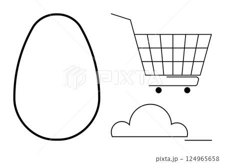 Black outlines of an egg shape shopping cart and a cloud. Ideal for themes like food Easter shopping minimalism simplicity and nature. Simple and clean design in a minimalistic style Black outlines of an egg shape shopping cart and a cloud. Ideal for themes like food Easter shopping minimalism simplicity and nature. Simple and clean design in a minimalistic style 124965658