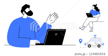 Man waves while working on his laptop, woman seated with laptop, self-driving car with location pin. Ideal for remote work, virtual collaboration, technology, autonomous vehicles, mobility Man waves while working on his laptop, woman seated with laptop, self-driving car with location pin. Ideal for remote work, virtual collaboration, technology, autonomous vehicles, mobility 124965659