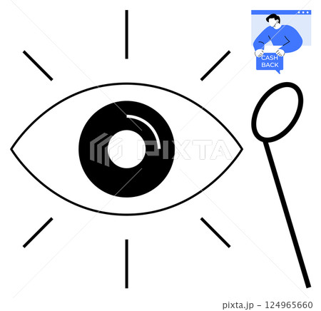 Simplified eye symbol accompanied by a magnifying glass and a cash back icon. Ideal for vision, search, discovery, analysis, and financial benefits. Black, blue, and white, minimalist design Simplified eye symbol accompanied by a magnifying glass and a cash back icon. Ideal for vision, search, discovery, analysis, and financial benefits. Black, blue, and white, minimalist design 124965660