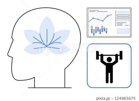 Head silhouette with floral brain, graph charts, and barbell icon. Ideal for mental health, physical fitness, data analysis, medical, holistic wellness, personal growth, healthcare. Line metaphor Head silhouette with floral brain, graph charts, and barbell icon. Ideal for mental health, physical fitness, data analysis, medical, holistic wellness, personal growth, healthcare. Line metaphor 124965675
