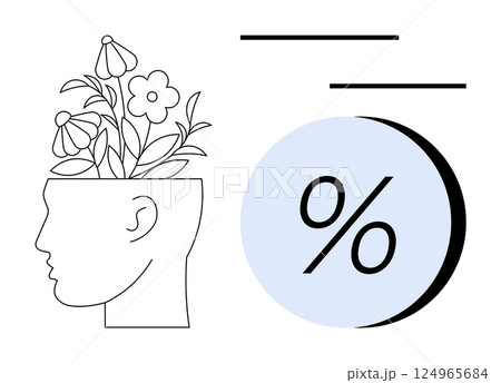 Human head side profile with blooming flowers inside, large percentage sign beside and two horizontal lines above. Ideal for mental health, growth, creativity, education, progress, nature Human head side profile with blooming flowers inside, large percentage sign beside and two horizontal lines above. Ideal for mental health, growth, creativity, education, progress, nature 124965684