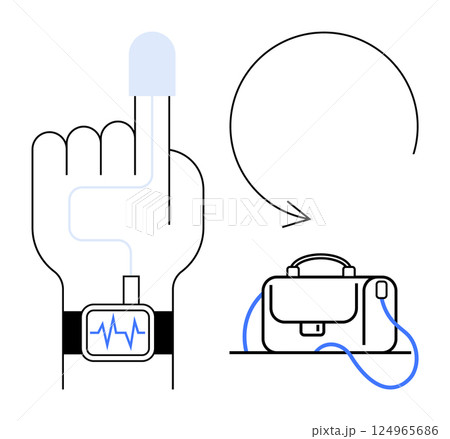 Hand with wearable health monitor on wrist and sensor on finger, transferring data to a briefcase with a digital interface. Ideal for healthcare, technology, telemedicine, wearables, fitness, data 124965686