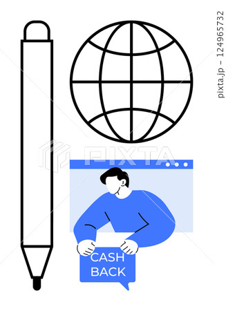 Black pen, globe icon and a person within a web browser window holding a Cash Back sign. Ideal for online marketing, cashback offers, global communication, online transactions, digital marketing 124965732