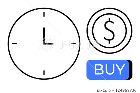 Clock without hands, dollar coin symbol, and blue BUY button. Ideal for e-commerce, financial services, time management, online shopping, investment, economic planning, digital marketing themes. Line Clock without hands, dollar coin symbol, and blue BUY button. Ideal for e-commerce, financial services, time management, online shopping, investment, economic planning, digital marketing themes. Line 124965736