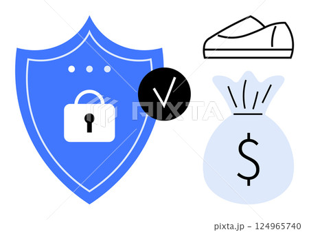 Security shield with padlock symbol, check mark icon, money bag with dollar sign, and casual sneakers. Ideal for financial security, cyber protection, assurance, safety, savings, economic stability Security shield with padlock symbol, check mark icon, money bag with dollar sign, and casual sneakers. Ideal for financial security, cyber protection, assurance, safety, savings, economic stability 124965740