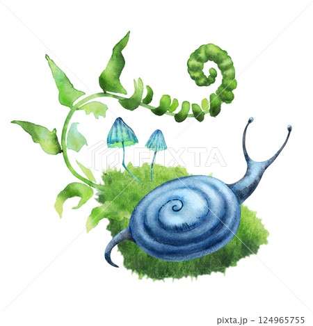 Cute absrtact blue snail on a green moss with a fern tree and low forest mushrooms.. Hand drawn watercolors isolated on white background. Biophilic style, ideal for ecological and spiritual topics 124965755