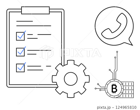 A task checklist next to a gear, a phone in a speech bubble, and a Bitcoin symbol with circuit lines. Ideal for business, technology, communication, financial planning, blockchain themes. Minimalist 124965810
