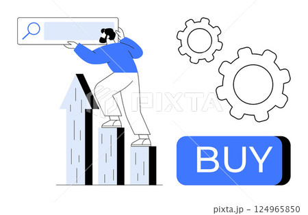 Businessperson climbs bar graph holding search bar, adjacent to gears and a Buy button. Ideal for business, online shopping, marketing, success, technology, e-commerce, strategy concepts. Line 124965850