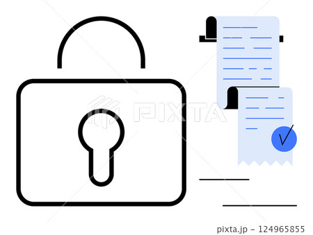 Padlock next to a document with a check mark indicating security and approval. Ideal for data protection, online security, privacy policies, secure transactions, authorization. Flat design style Padlock next to a document with a check mark indicating security and approval. Ideal for data protection, online security, privacy policies, secure transactions, authorization. Flat design style 124965855