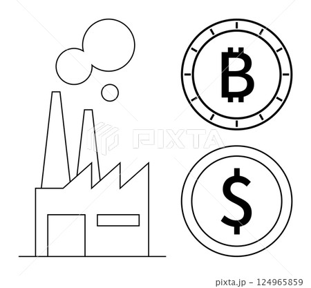 Factory building with two chimneys emitting smoke, accompanied by Bitcoin and Dollar coin symbols. Ideal for finance, cryptocurrency, industry, economy, trade, manufacturing, investment themes. Line Factory building with two chimneys emitting smoke, accompanied by Bitcoin and Dollar coin symbols. Ideal for finance, cryptocurrency, industry, economy, trade, manufacturing, investment themes. Line 124965859