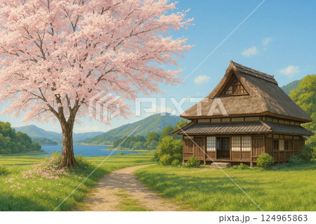【風景】【日本の春】春爛漫の里山風景と桜咲く古民家 124965863
