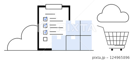 Shopping cart cloud storage checklist on clipboard and stacked boxes. Ideal for online shopping inventory management cloud storage e-commerce digital marketing retail logistics organization Shopping cart cloud storage checklist on clipboard and stacked boxes. Ideal for online shopping inventory management cloud storage e-commerce digital marketing retail logistics organization 124965896