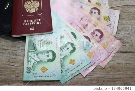 Banknotes of different countries and colors on the table 124965941