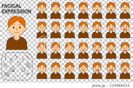 A set of facial expressions of a brown-haired man with various expressions including joy, anger, sadness and happiness A set of facial expressions of a brown-haired man with various expressions including joy, anger, sadness and happiness 124966033