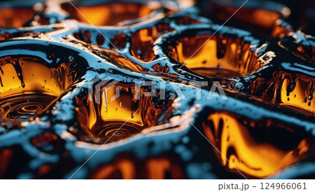 Close-Up of Molten Metal with Vivid Orange and Blue Reflections 124966061