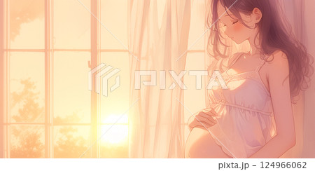 物思いにふける妊婦。水彩画。イラスト。 124966062