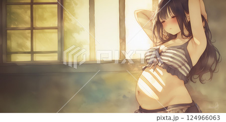 物思いにふける妊婦。水彩画。イラスト。 124966063
