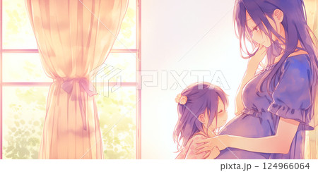 物思いにふける妊婦。水彩画。イラスト。 124966064